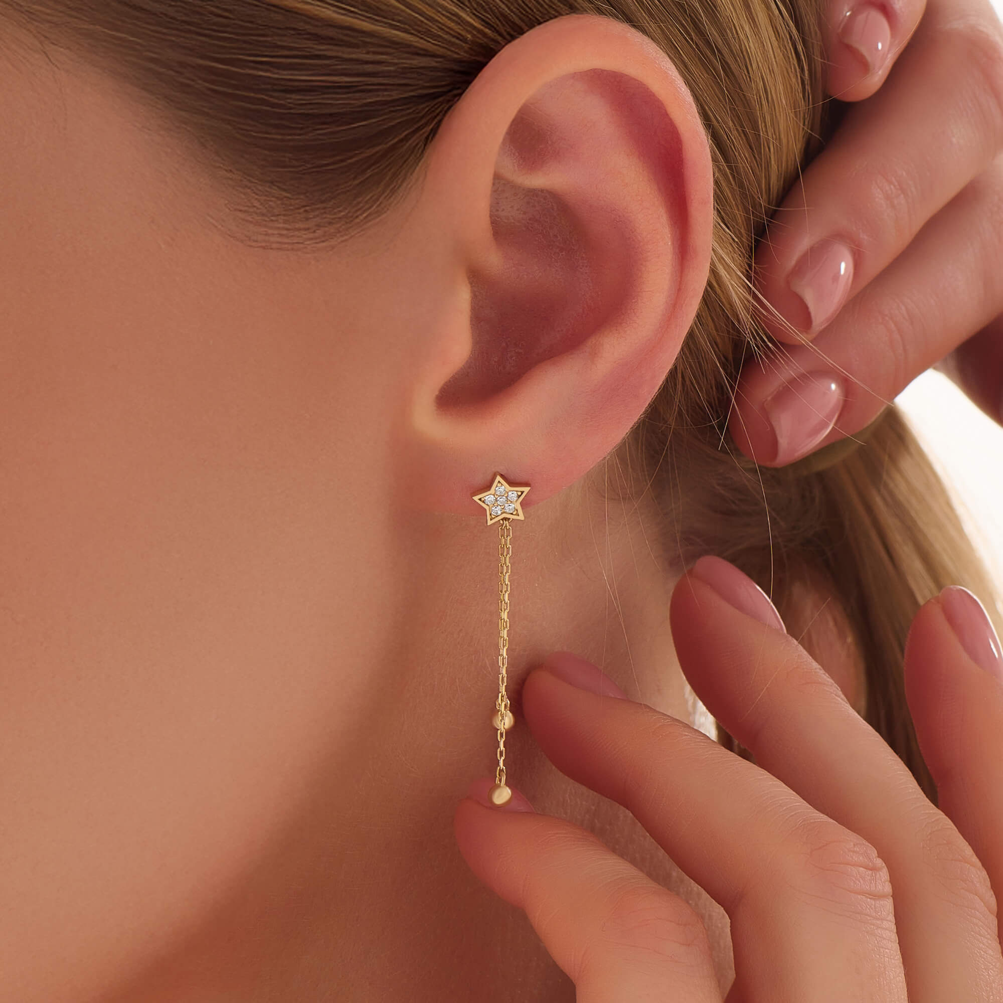 Women's Solid Gold Lab-Grown Diamond Star Chain Drop Earrings