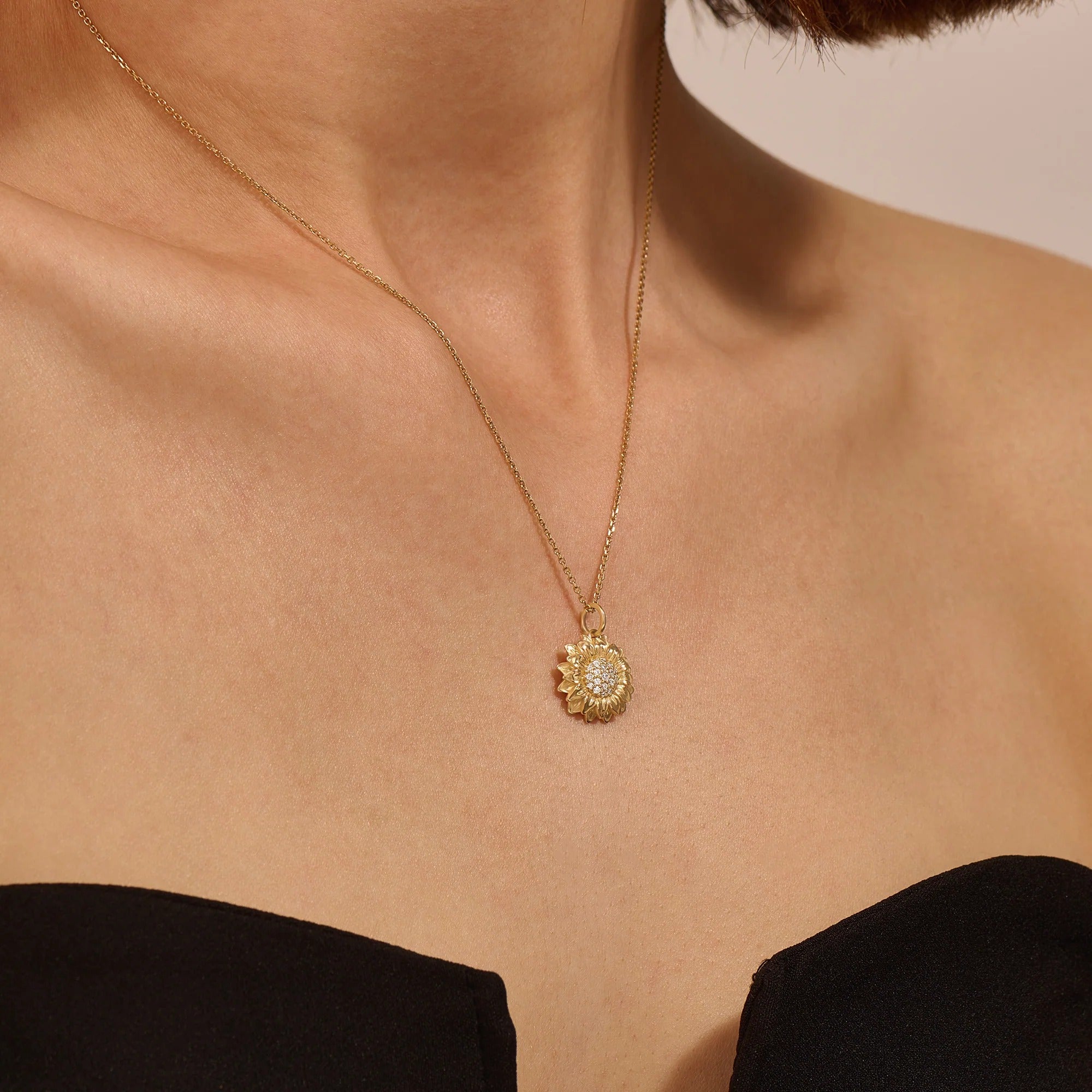 Women's Lab-Grown Diamond Sunflower Necklace in Solid Yellow Gold