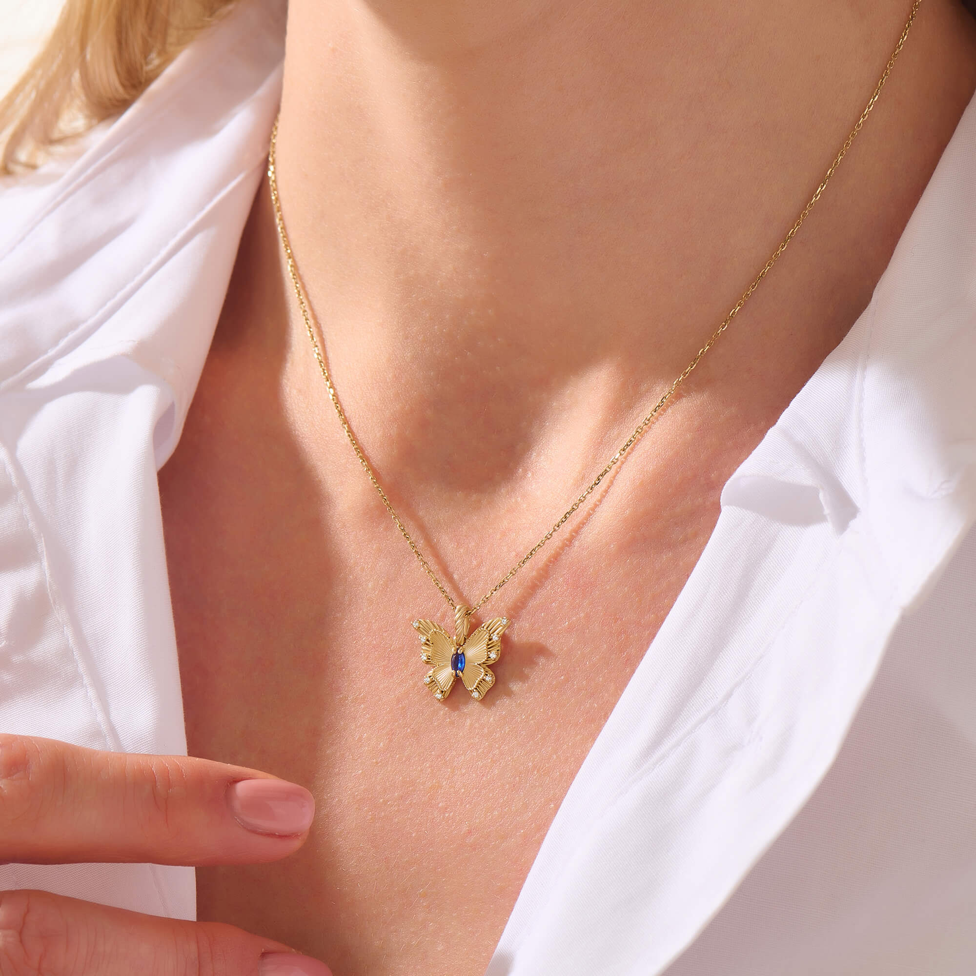 Women's Solid Gold Lab-Created Diamond Marquise Sapphire Butterfly Necklace