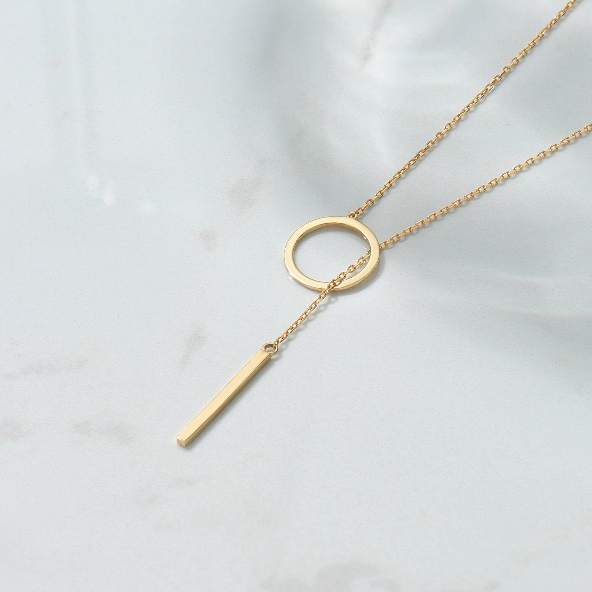 Women's Lariat Bar and Circle Necklace in 14K Solid Yellow Gold