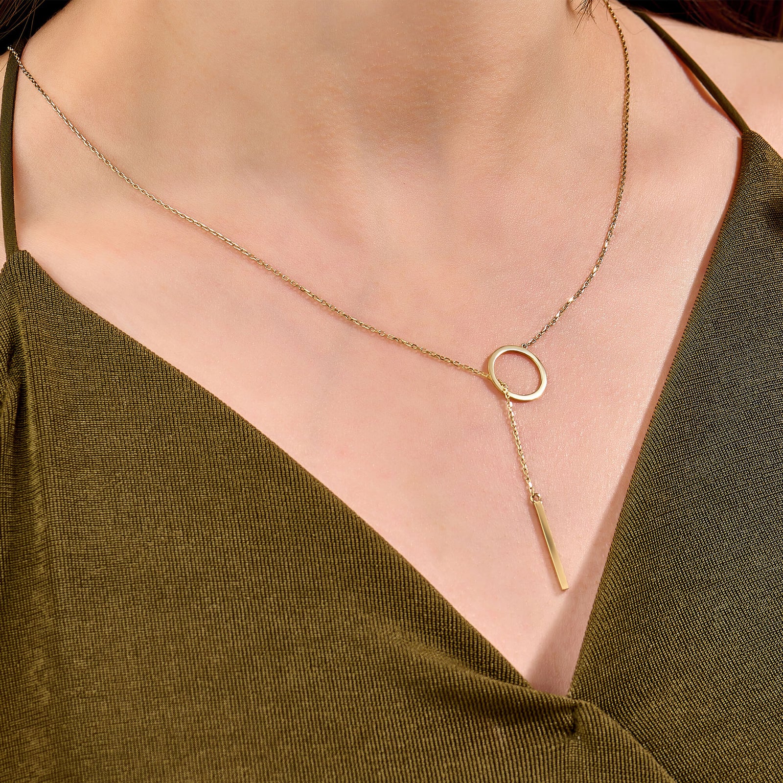 Women s Lariat Bar Circle Necklace in 14K Solid Gold NORM JEWELS