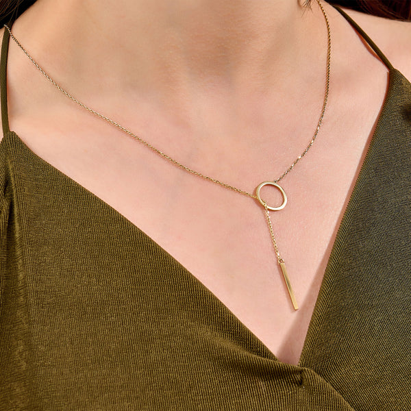 Lariat Bar & Circle Necklace in 14K Real Gold