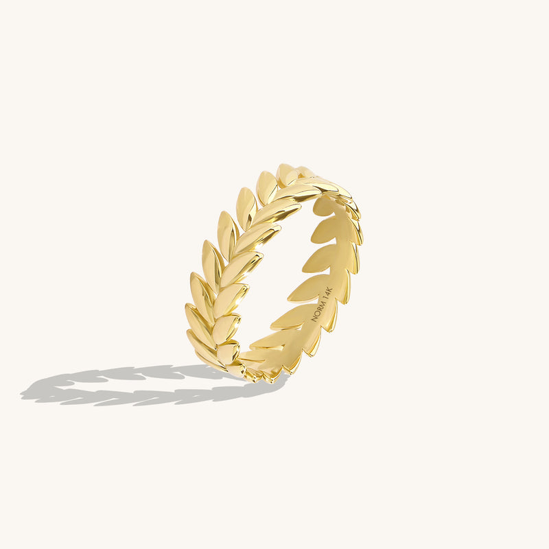 14K Real Yellow Gold Laurel Wrath Band Ring