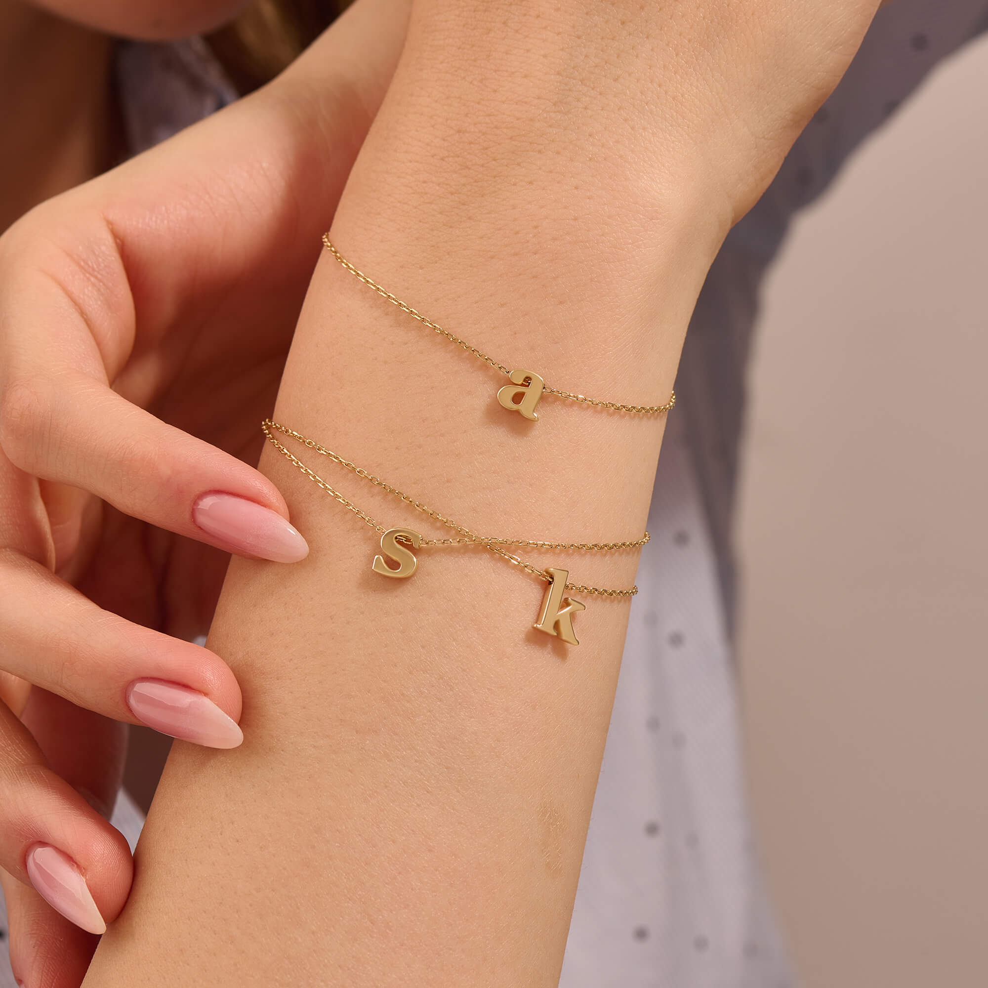14k Real Gold Dainty Letter Charm Bracelet