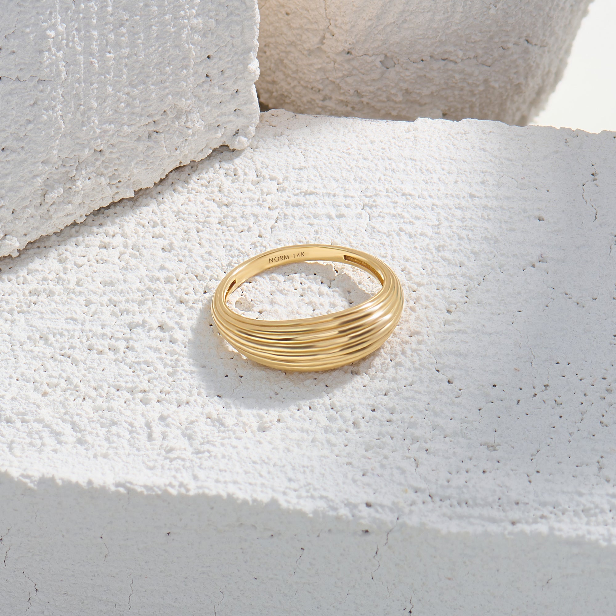14K Solid Yellow Gold Linear Dome Statement Ring