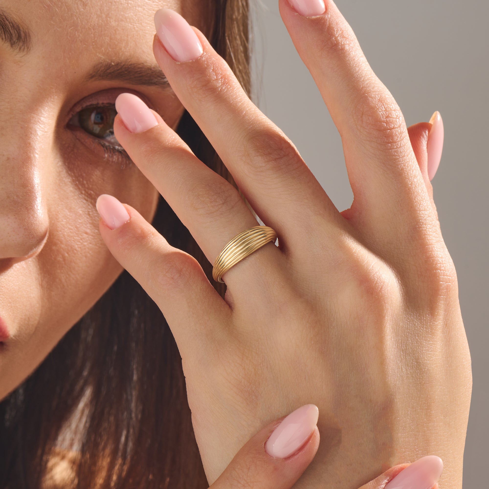 14K Solid Gold Linear Dome Statement Ring