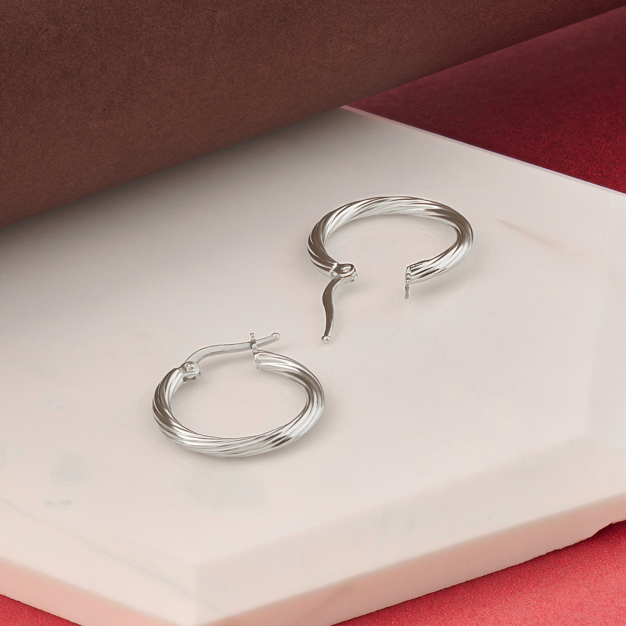 14k White Gold Linear Twist Hoop Earrings