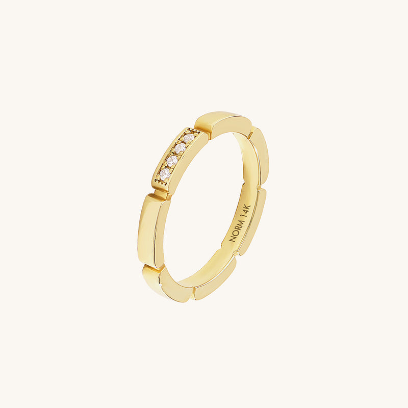 14K Solid Yellow Gold Rectangle Band Ring Paved with CZ Diamonds