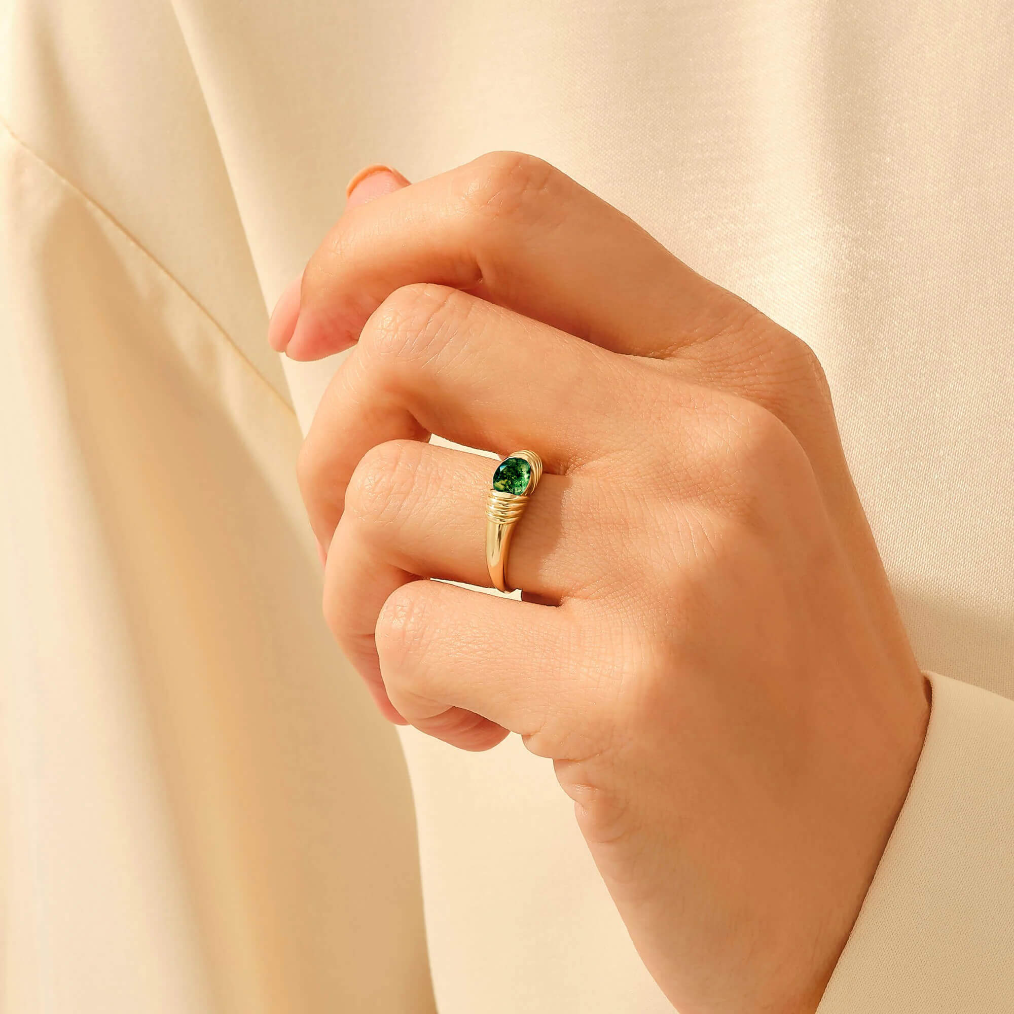 Women's Majestic Moss Agate Ring in Solid Yellow Gold