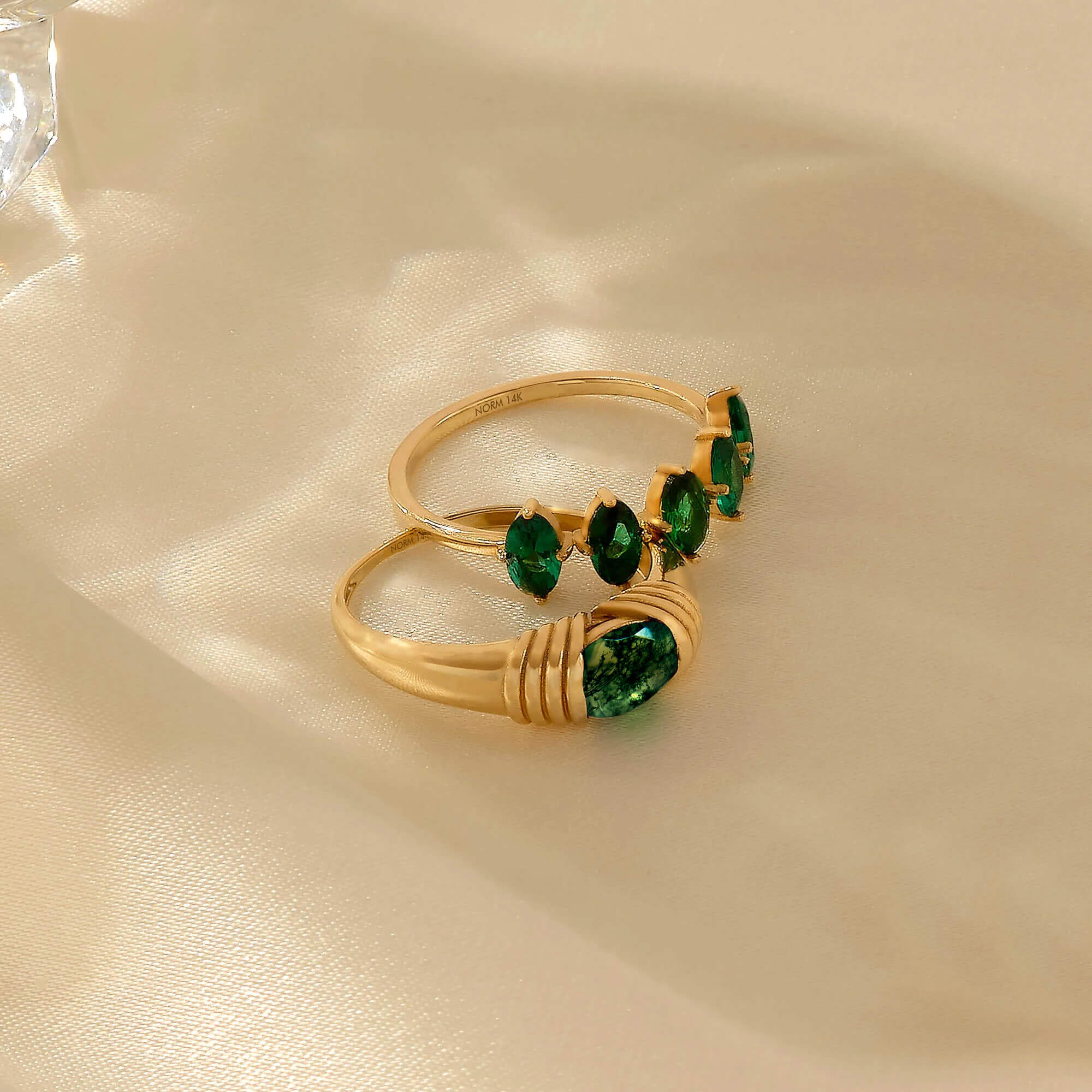 Majestic Moss Agate and Emerald Rings in Solid Gold