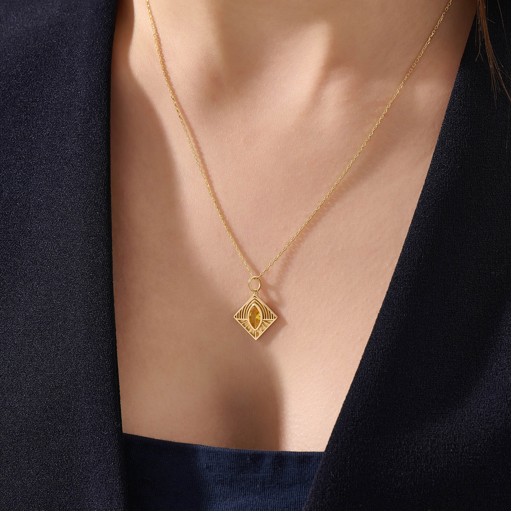 Women's Marquise Citrine Stone Geometric Necklace in Gold Vermeil