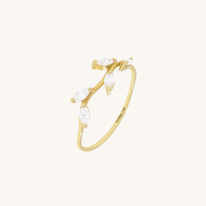 14K Solid Yellow Gold 0.24ctw Diamond Leaf Ring