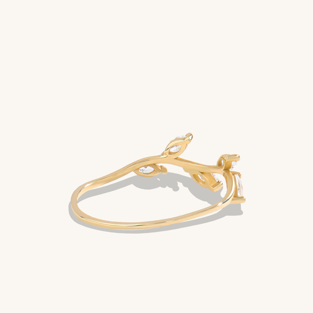14K Real Yellow Gold 0.24ctw Diamond Leaf Ring