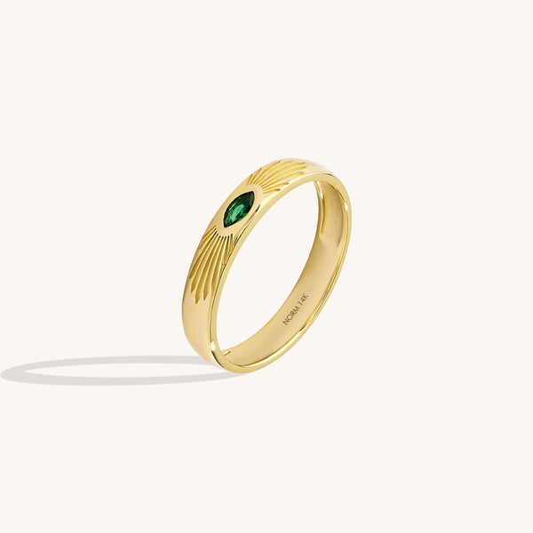 14K Solid Gold Marquise Emerald Sunburst Band Ring