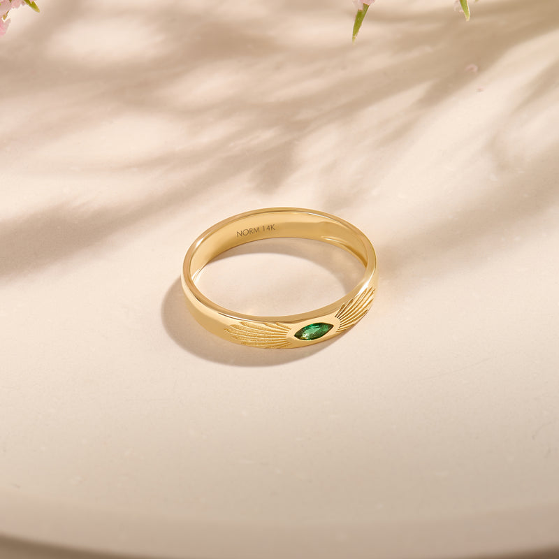14K Solid Yellow Gold Marquise Emerald Sunburst Band Ring