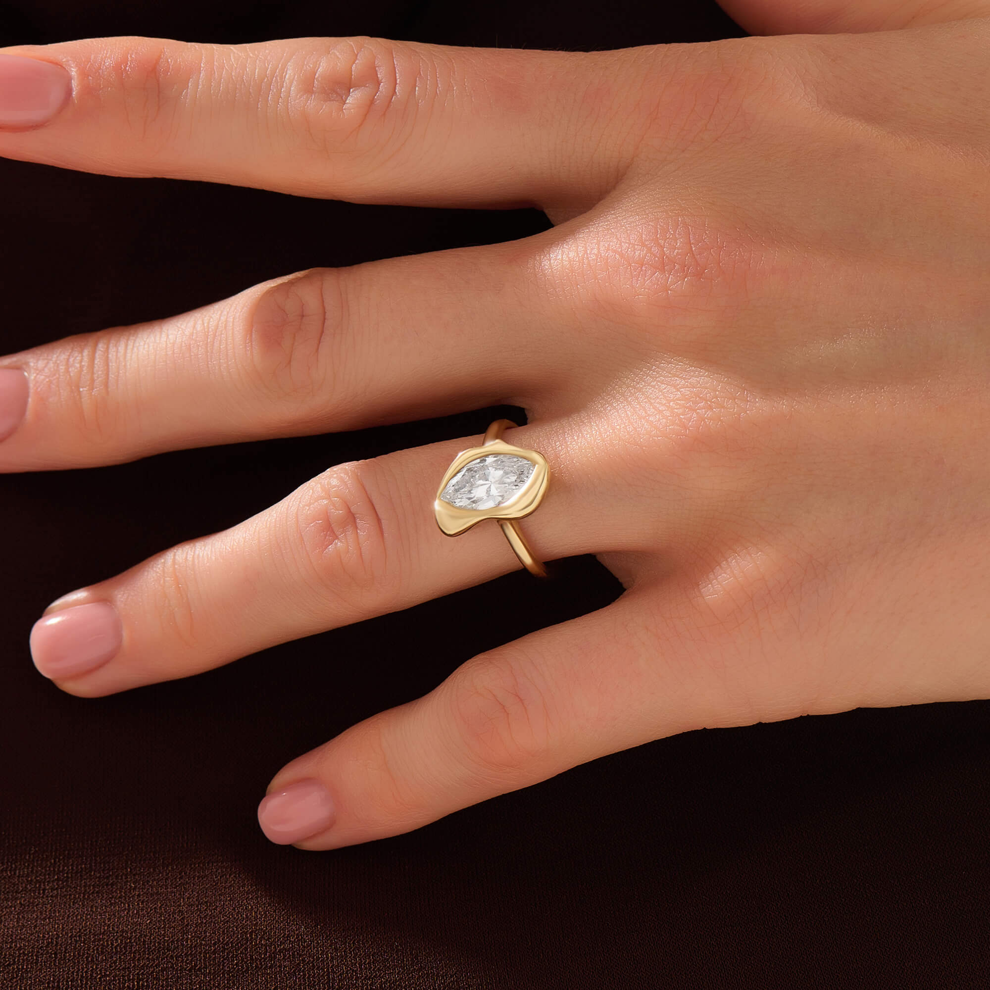 Women's Marquise Moissanite Stone Molten Ring in Yellow Solid Gold