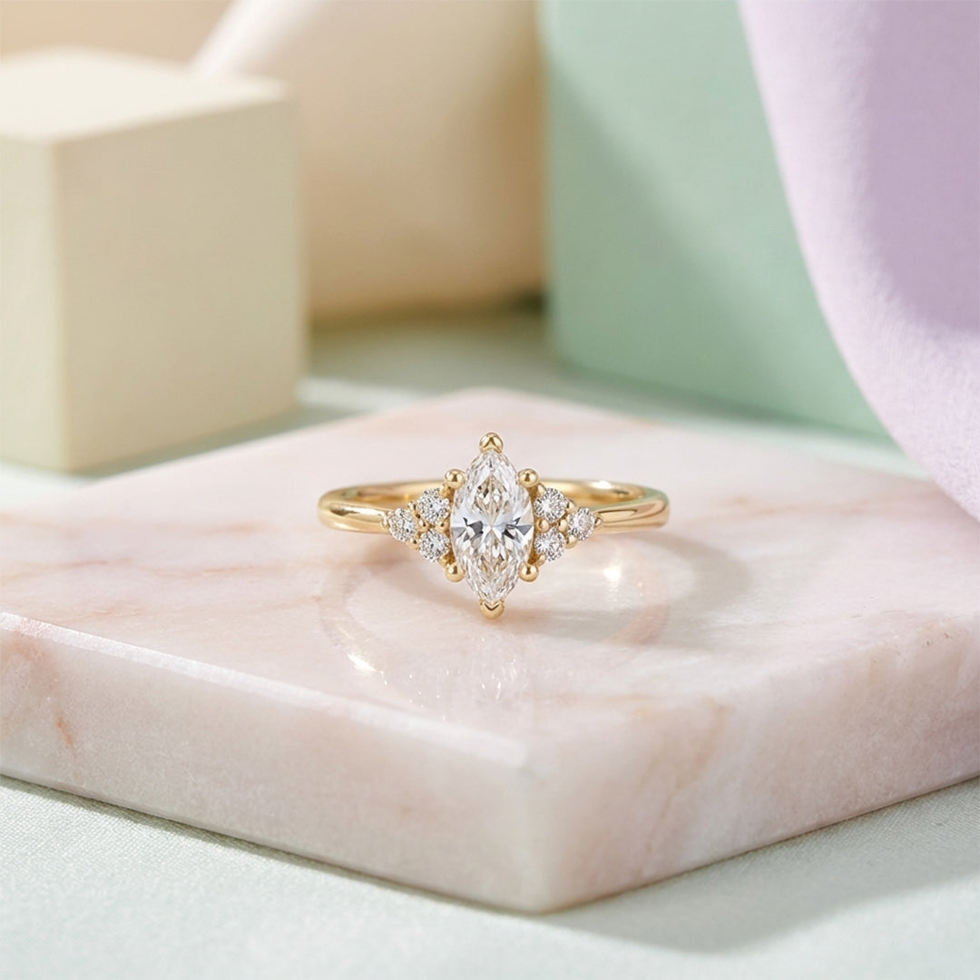 Solid Yellow Gold Marquise Ring with Moissanite Stones
