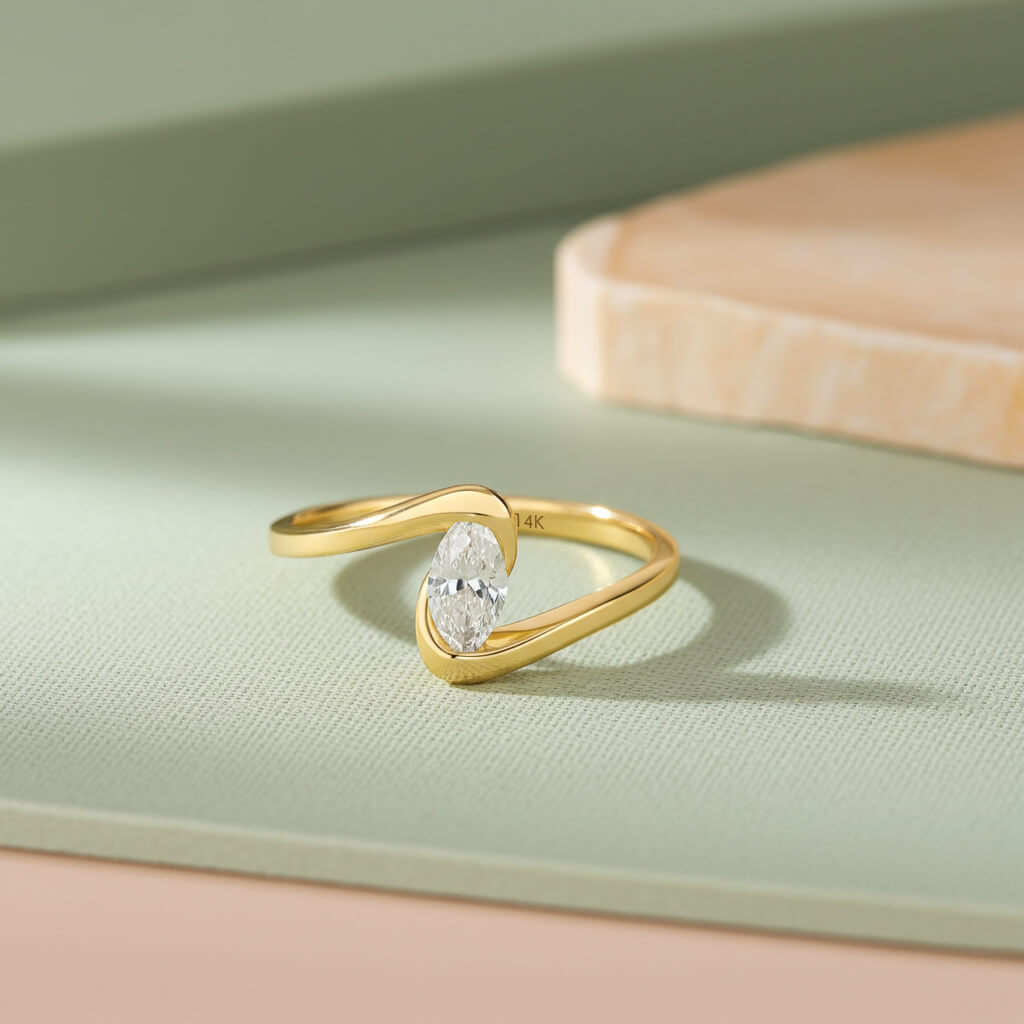 Marquise Moissanite Stone Solitaire Bypass Ring in Solid Yellow Gold