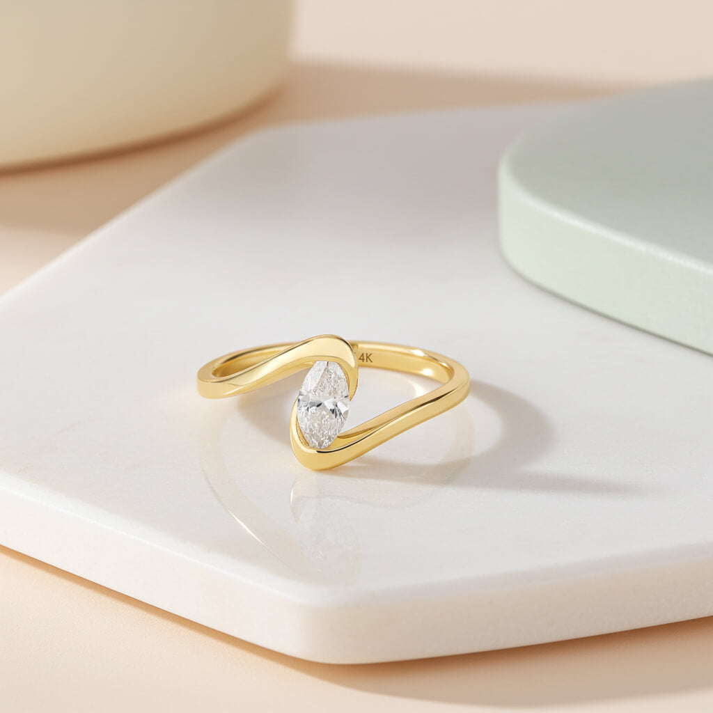 Moissanite Stone Marquise Solitaire Bypass Ring in Yellow Solid Gold