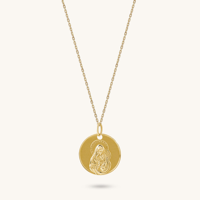 14k Real Yellow Gold Mary & Baby Jesus Necklace for Women