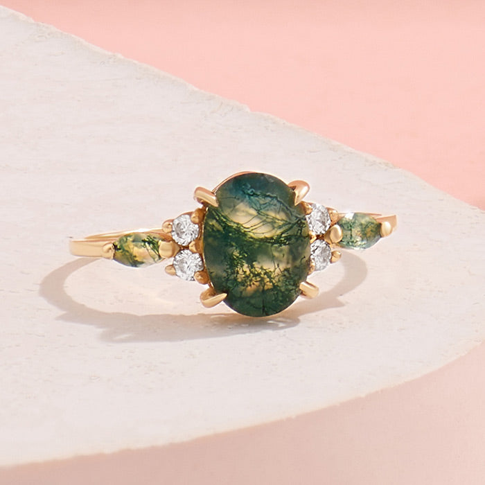 Norm Moss Agate Gemstone Ring in Solid Gold