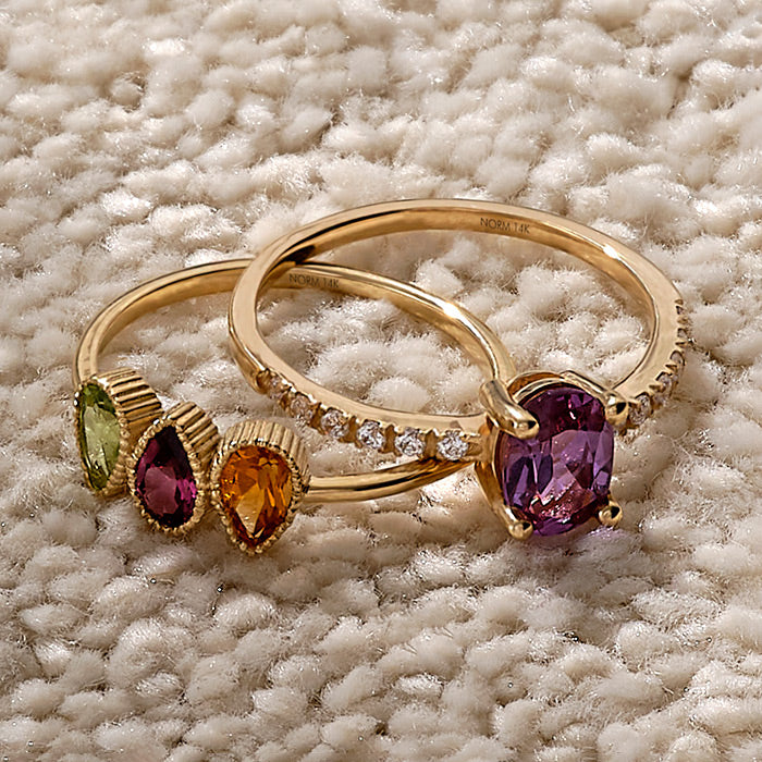 Norm Birthstone and Amethyst Gemstone Rings in Solid Gold