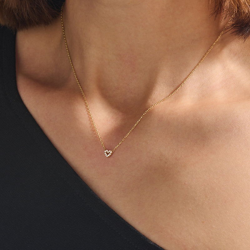14K Real Gold Minimal Heart Necklace Paved with CZ Diamonds