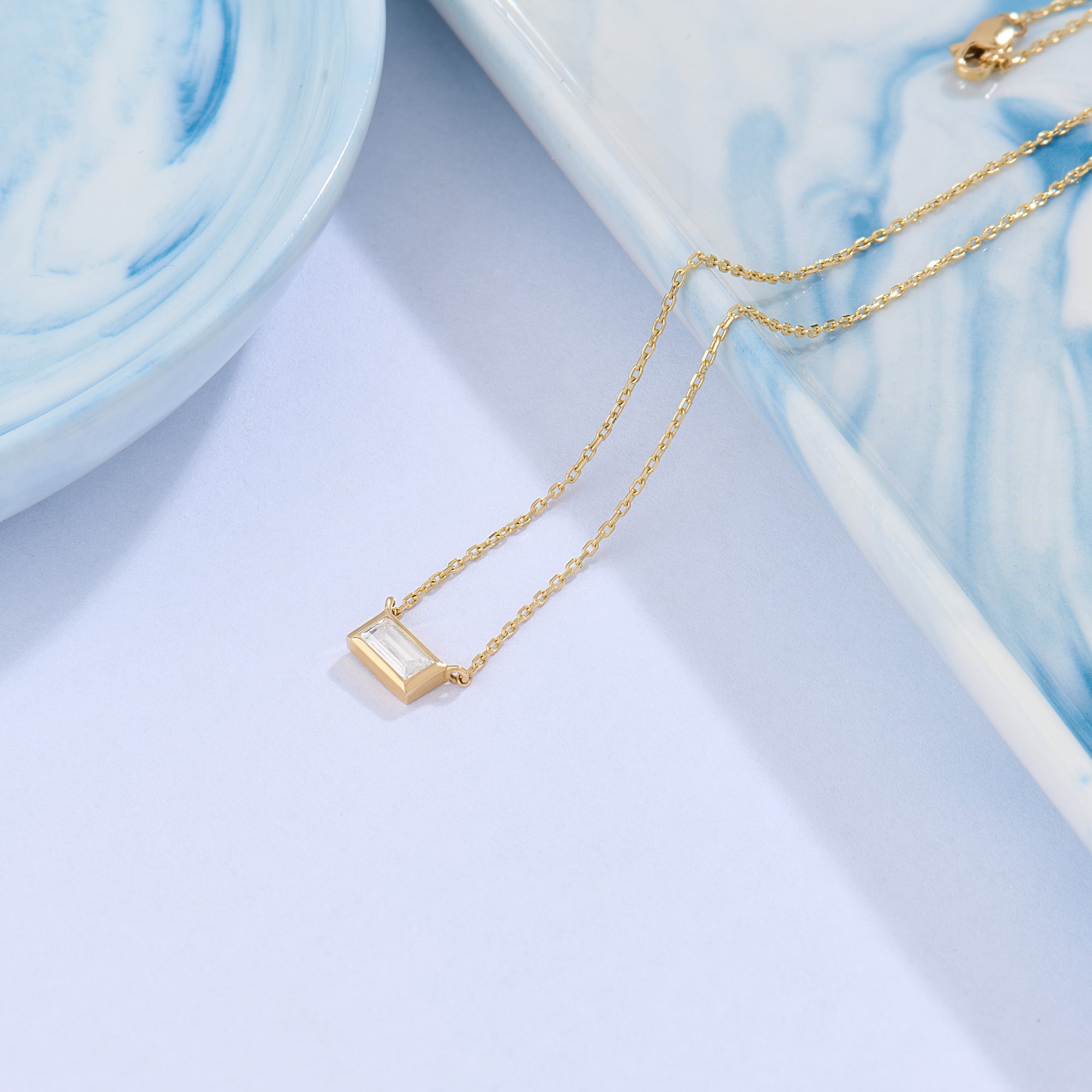 14k Real Gold Baguette Solitaire Necklace