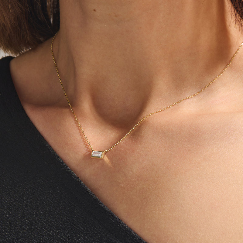 14K Solid Gold Minimalist Baguette Necklace for Women