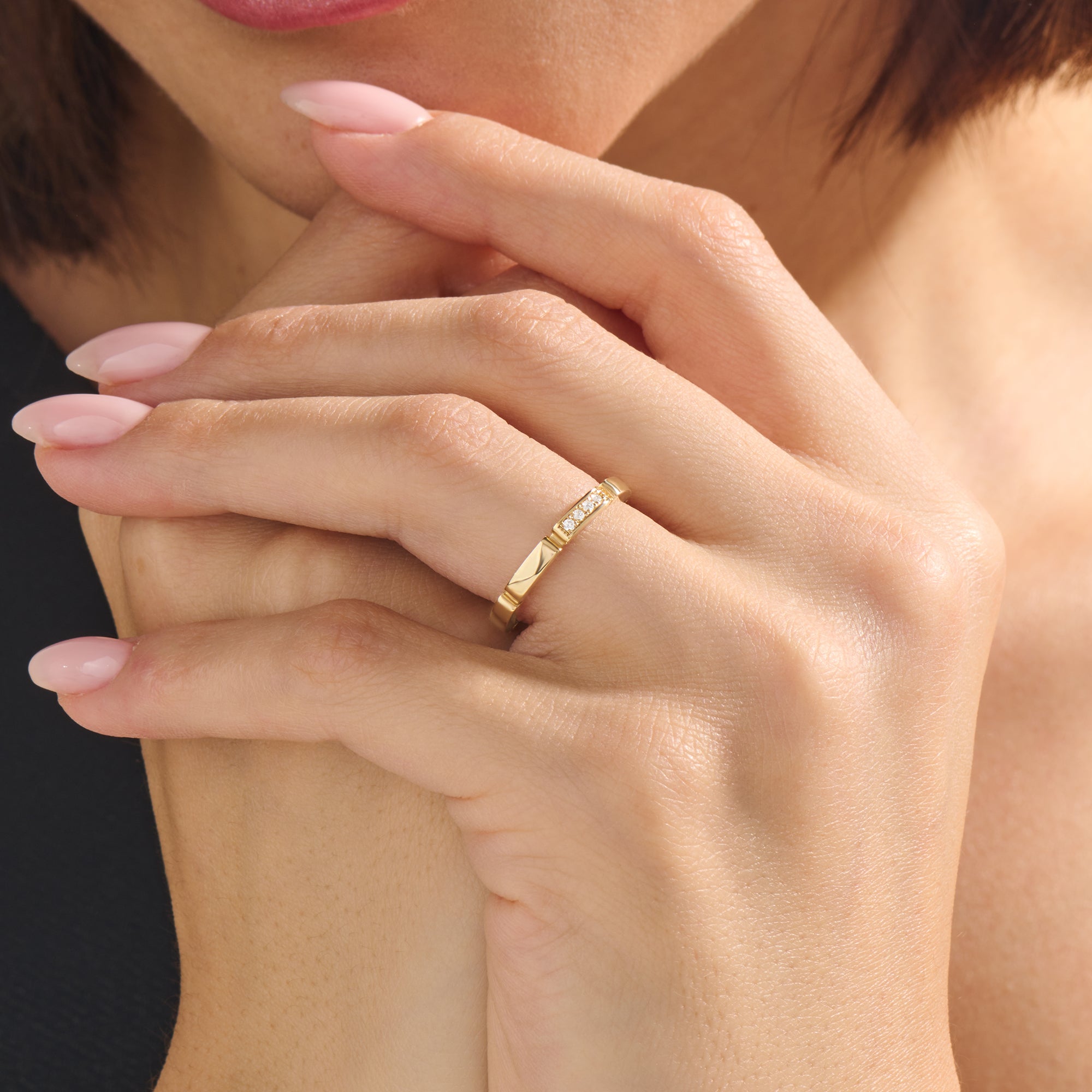 14K Solid Gold CZ Pave Rectangle Band Ring