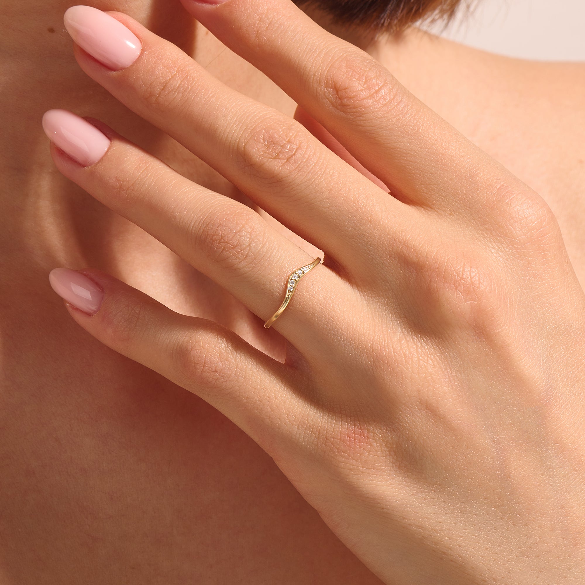 14k Real Yellow Gold Minimalist Diamond Curved Stacking Wedding Ring