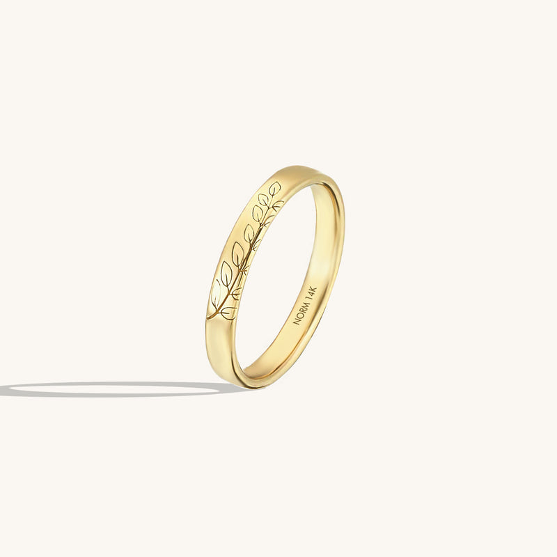 Women's 14K Real Yellow Gold Leaf Carved Wedding Band Ring