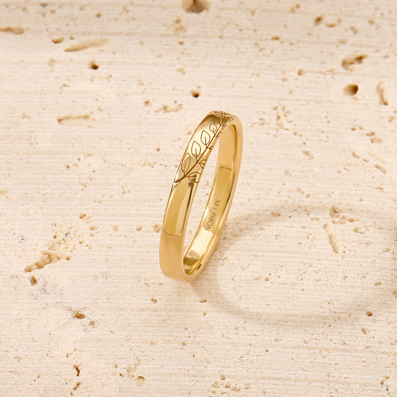 Women's 14K Solid Yellow Gold Leaf Carved Wedding Band Ring
