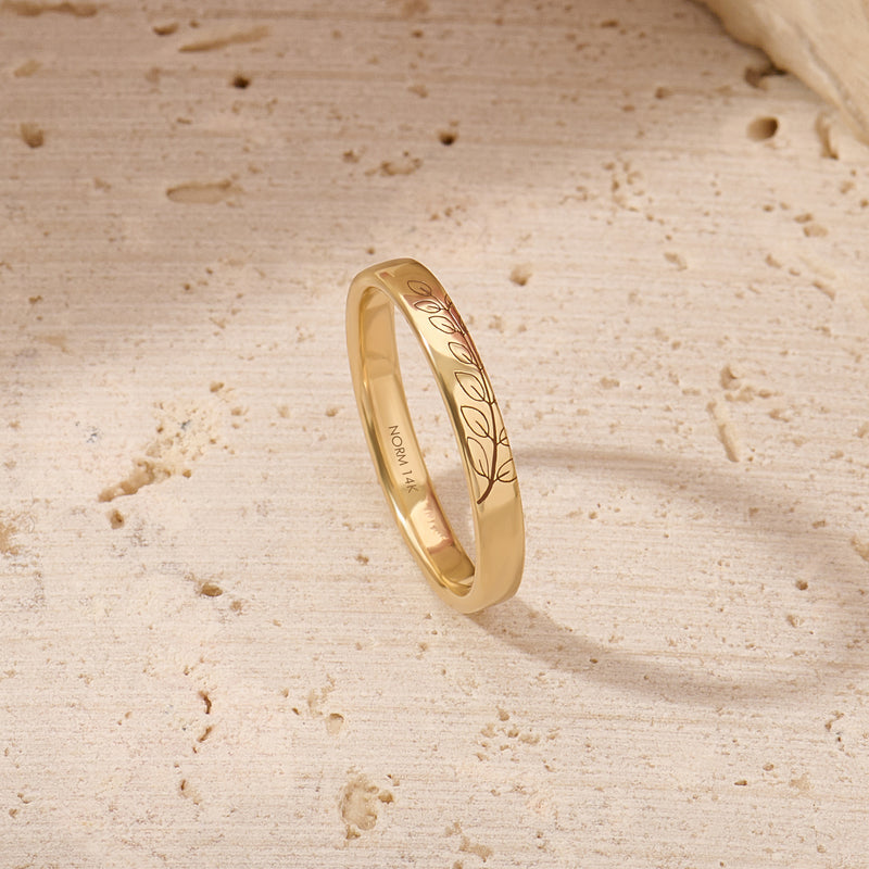 14K Real Gold Wedding Band - Leaf Design