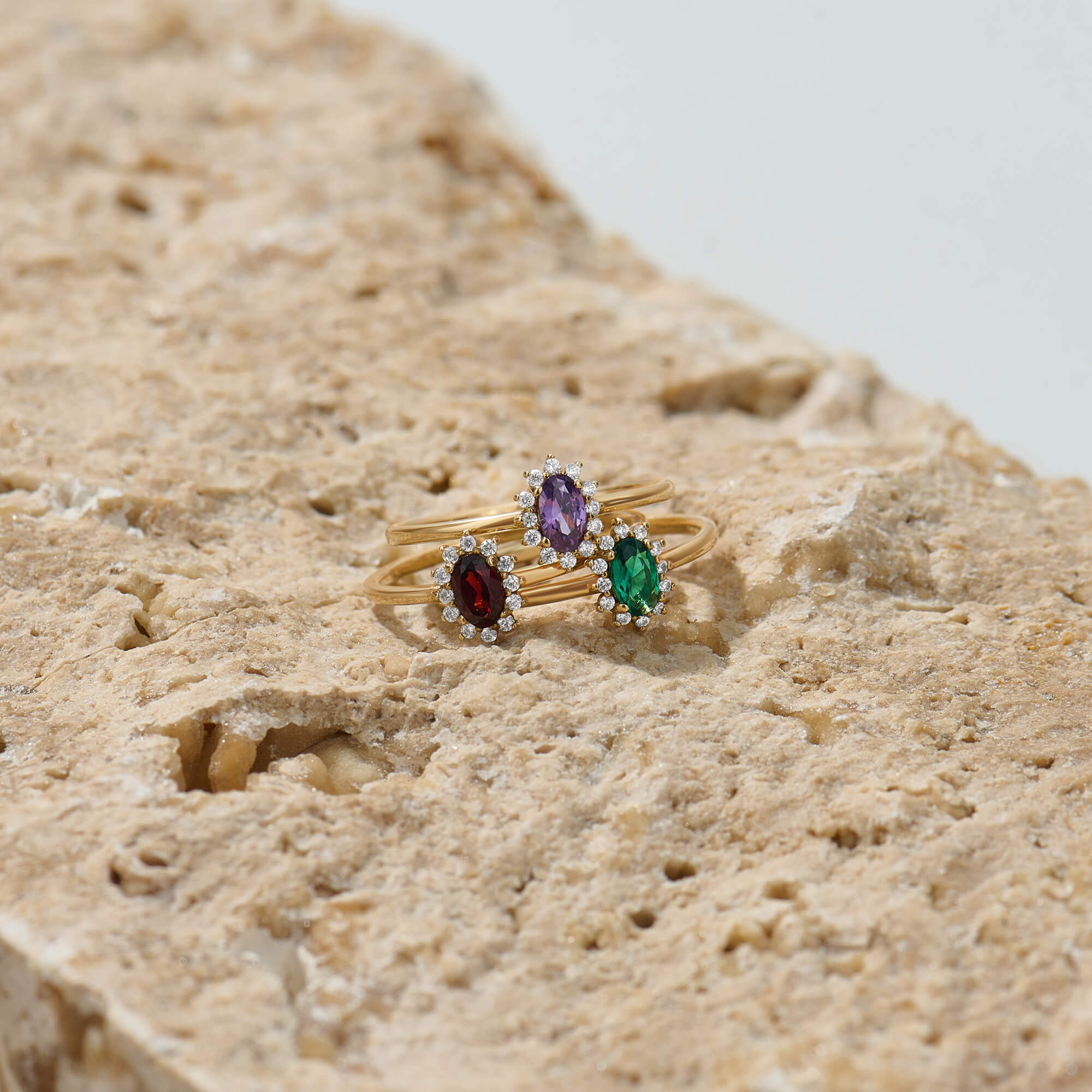 Minimalist Oval Rings in 14K Solid Yellow Gold with Garnet, Amethyst and Emerald