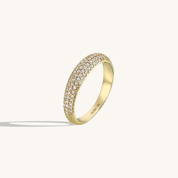 14K Real Gold Minimalist Dome Ring Paved with CZ Diamonds