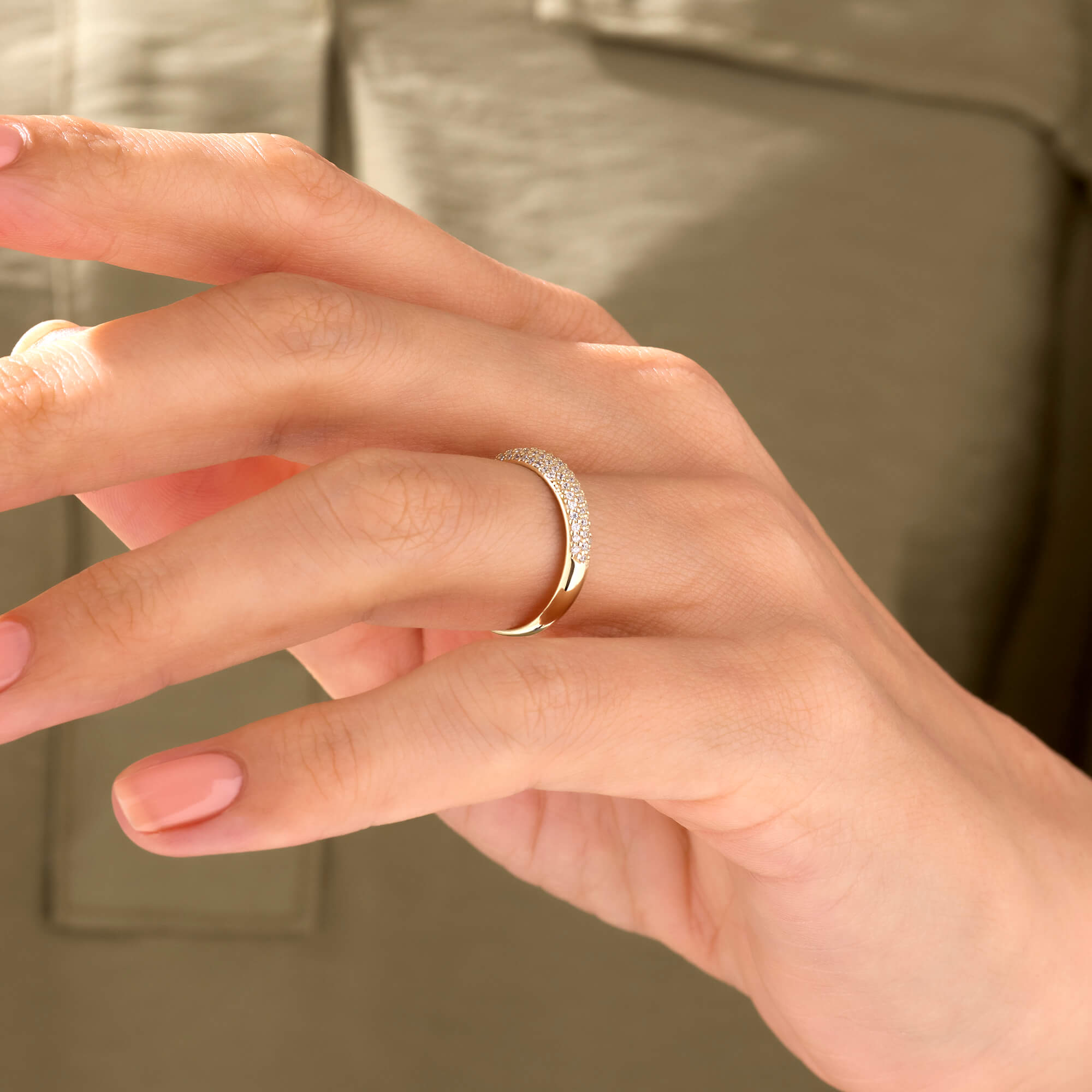 14k Real Yellow Gold Pave Minimalist Statement Ring