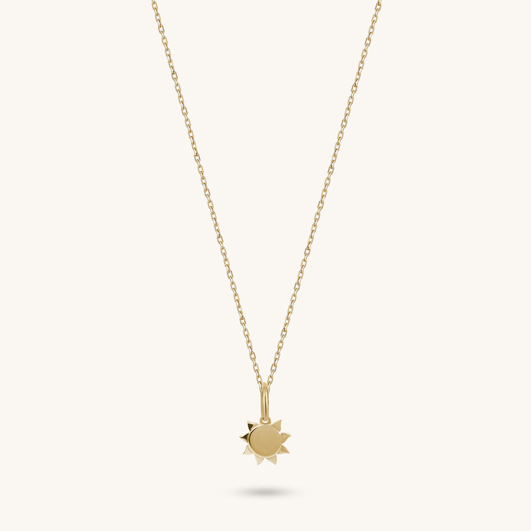 14K Real Yellow Gold Minimalist Sun Charm Necklace