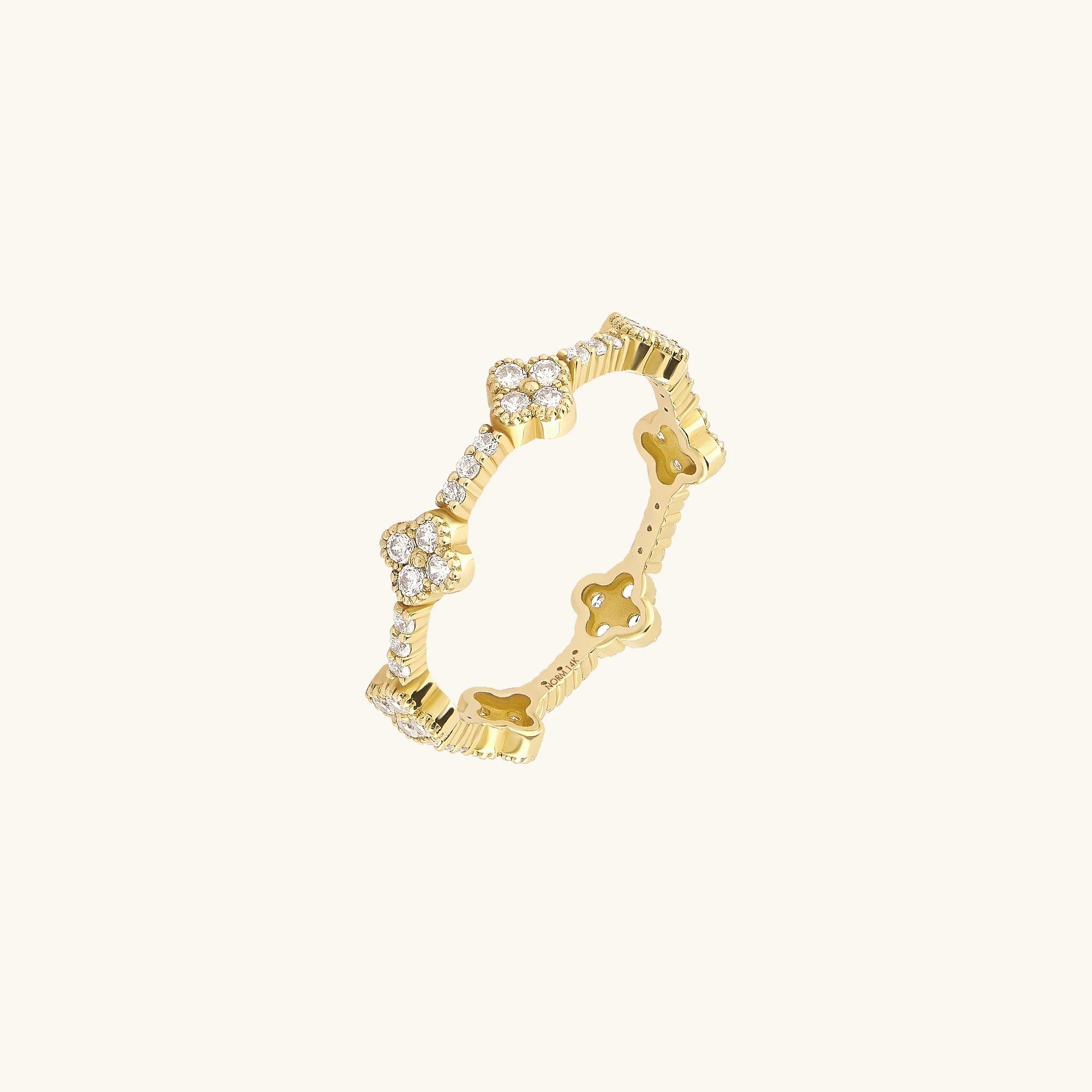 Moissaite Paved Shamrock Stacking Ring in Yellow Solid Gold