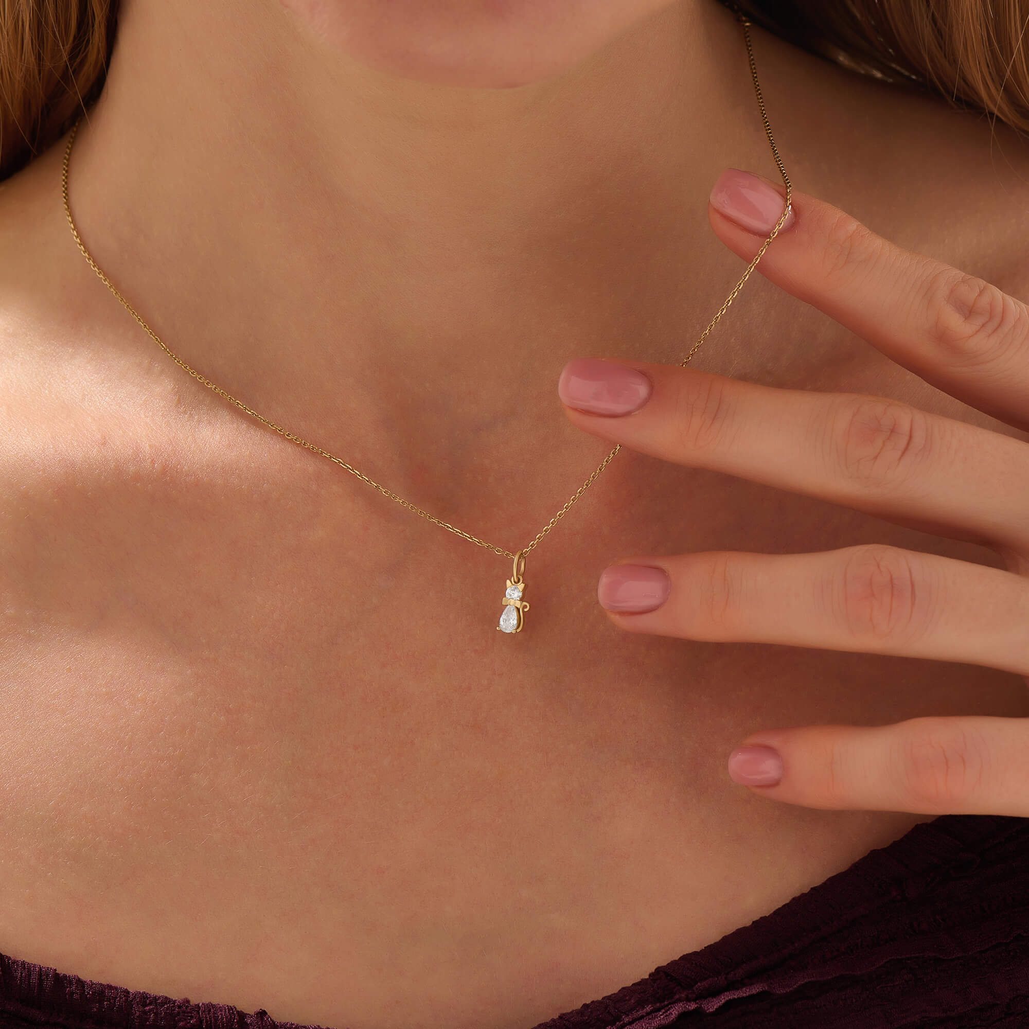 Women's Solid Gold Moissanite Cat Charm Necklace