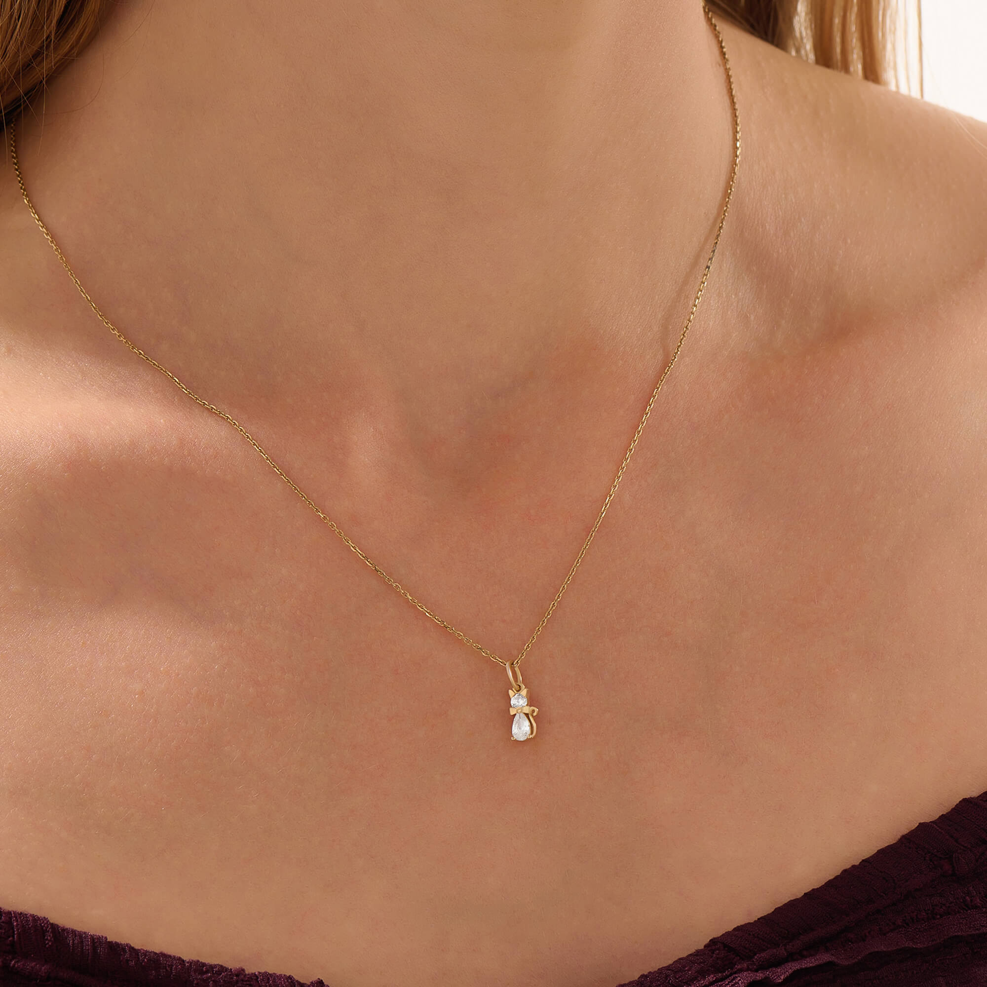 Women's Yellow Gold Moissanite Cat Charm Necklace