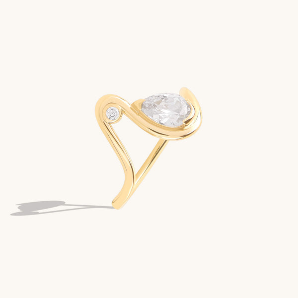 Moissanite Pear Solitaire Swirl Ring in Solid Gold