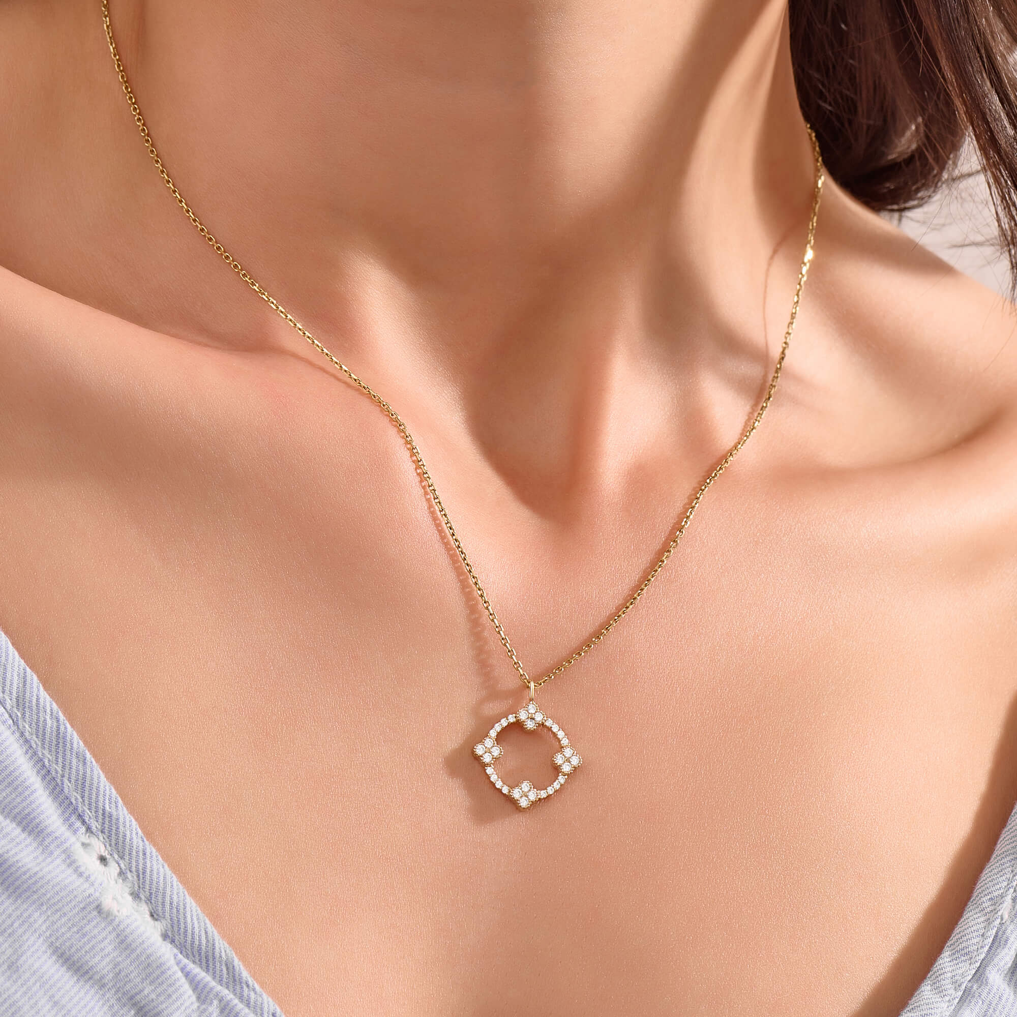 Women's Shamrock Necklace with Moissanite Stones in Real Gold