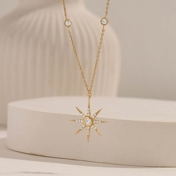 Moissanite Star Necklace in Real Yellow Gold