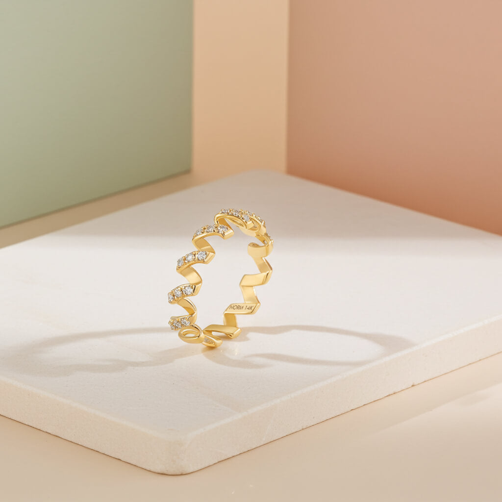 Moissanite Twirl Design Ring in Yellow Solid Gold