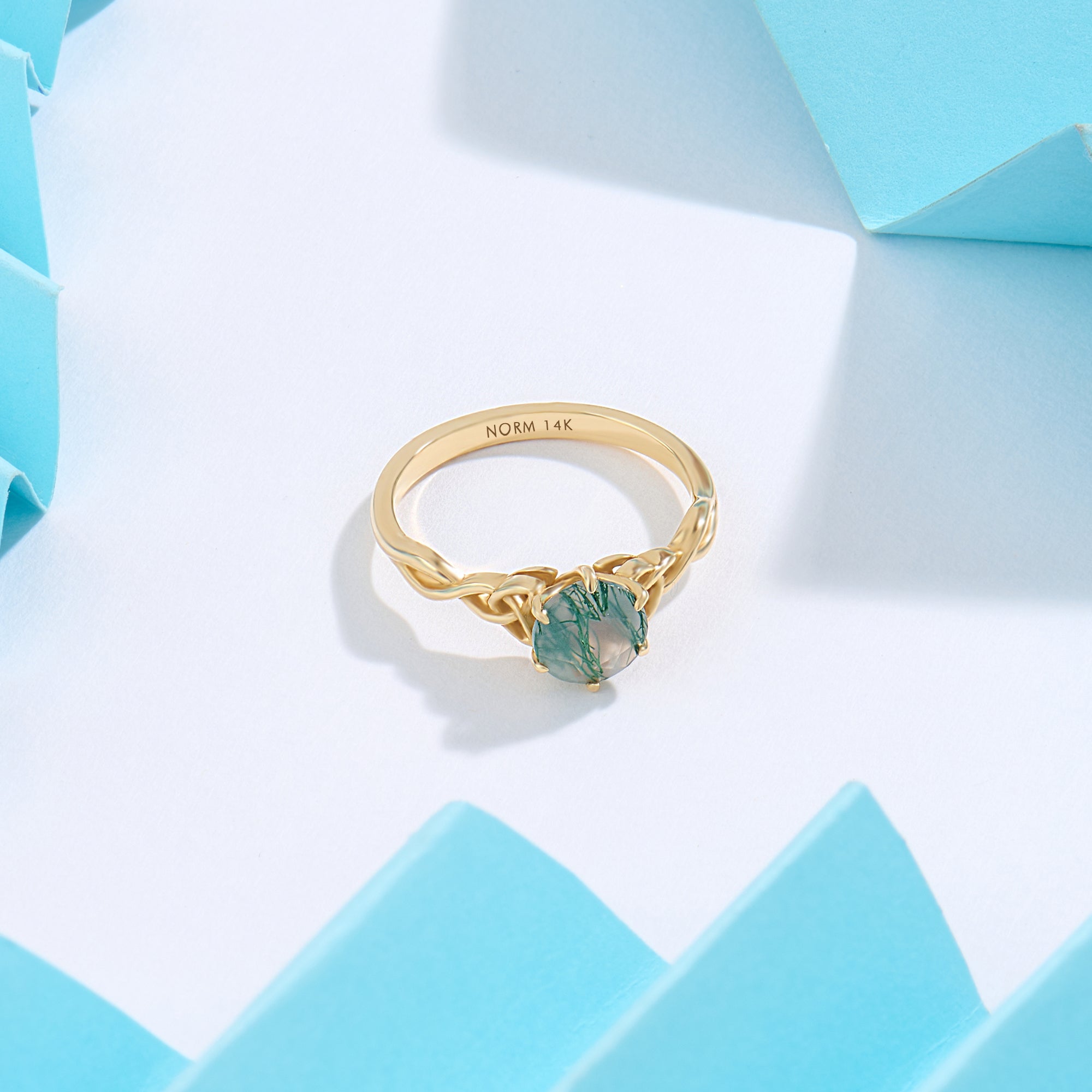 1-carat Round Cut Moss Agate Celtic Solitaire Ring in 14k Solid Gold