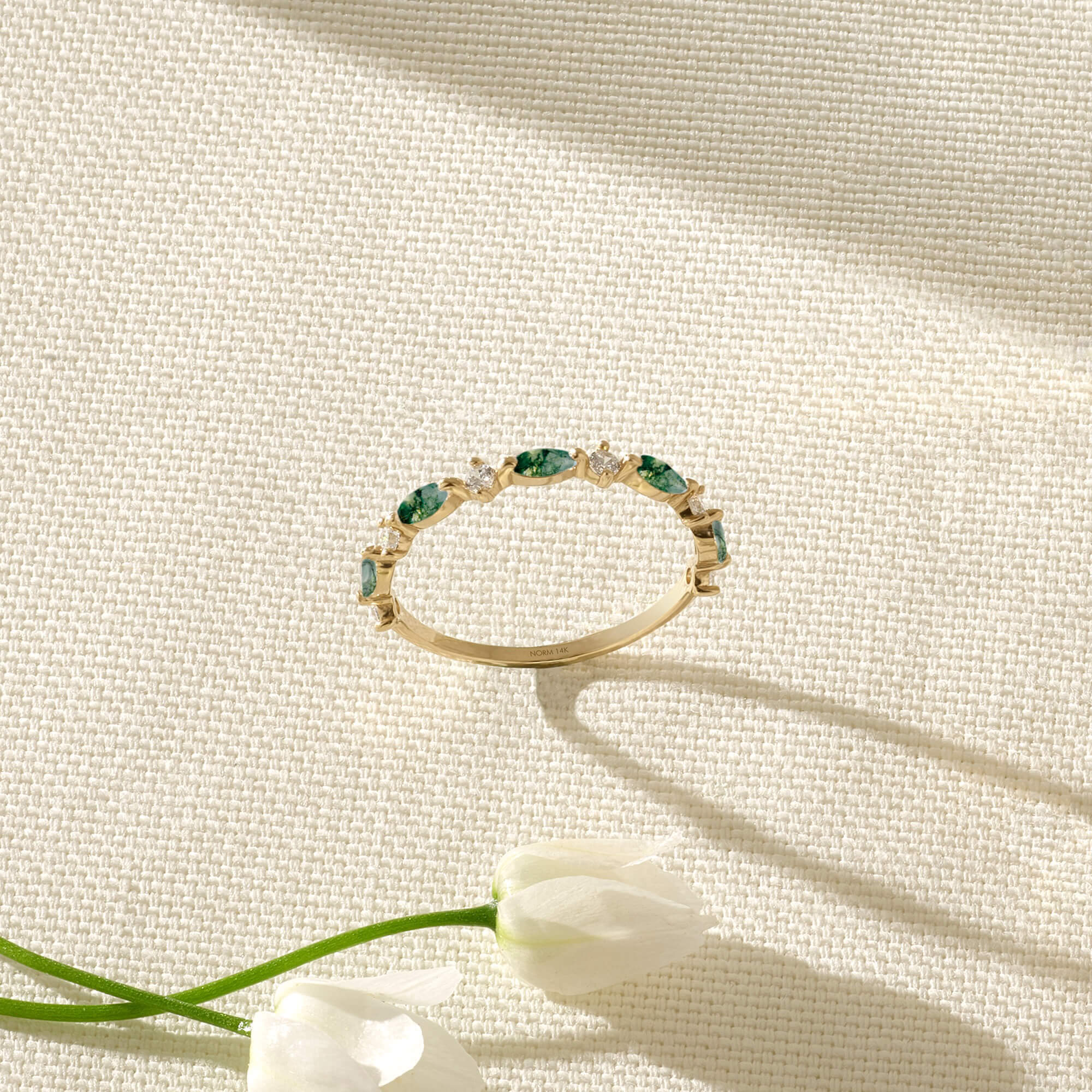 Moss Agate and Diamond Marquise Band Ring in Yellow Gold