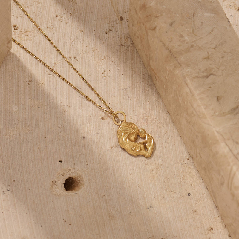 Mother & Baby Charm Necklace in 14k Real Yellow Gold