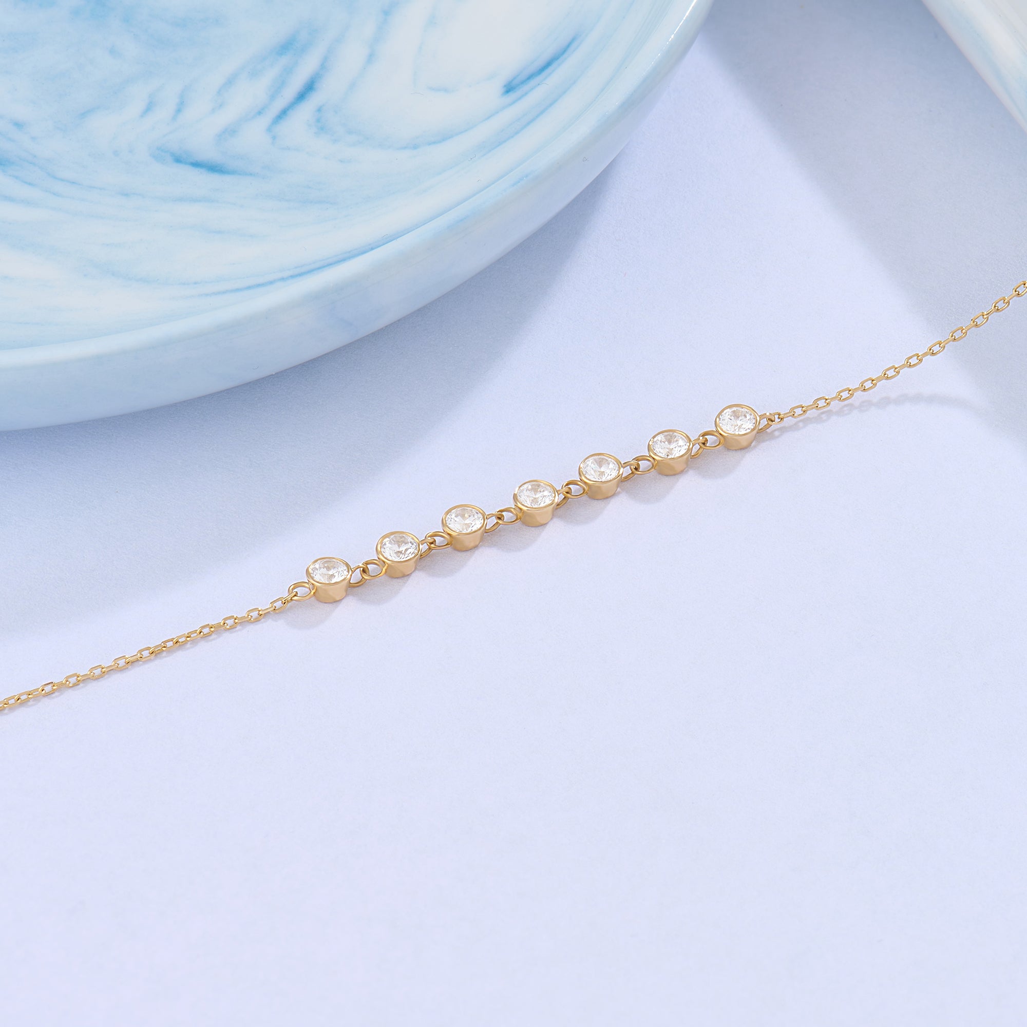 14K Solid Yellow Gold CZ Diamonds Pave Bezel Chain Bracelet