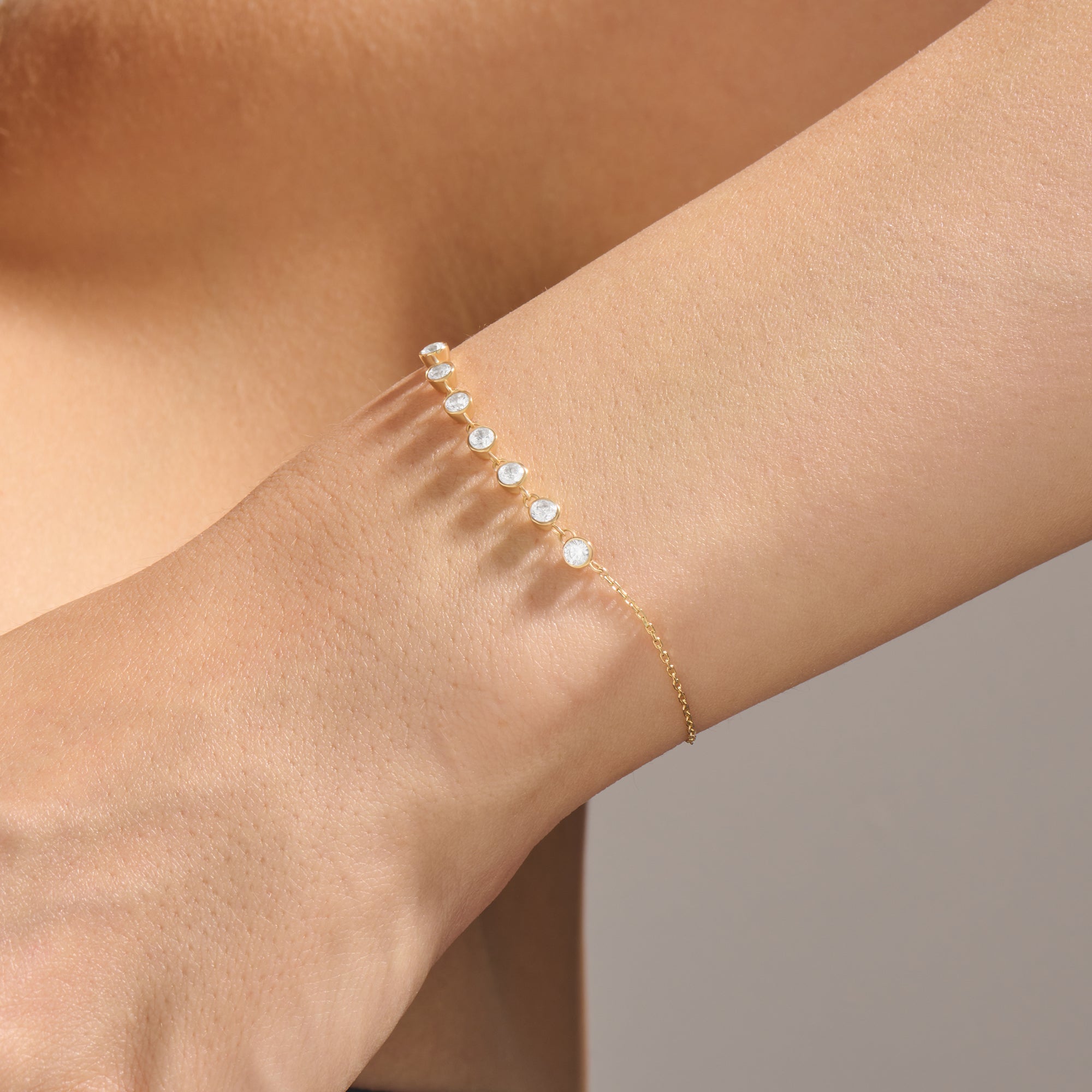 14K Real Yellow Gold CZ Diamonds Pave Bezel Chain Bracelet